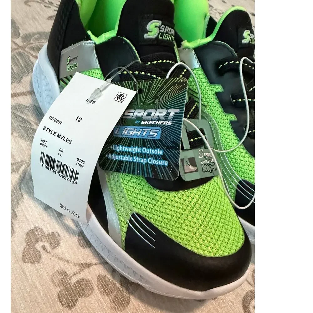 Skechers S Sport Kids Myles Light Up Sneakers Neon Green Black Size 12 NEW